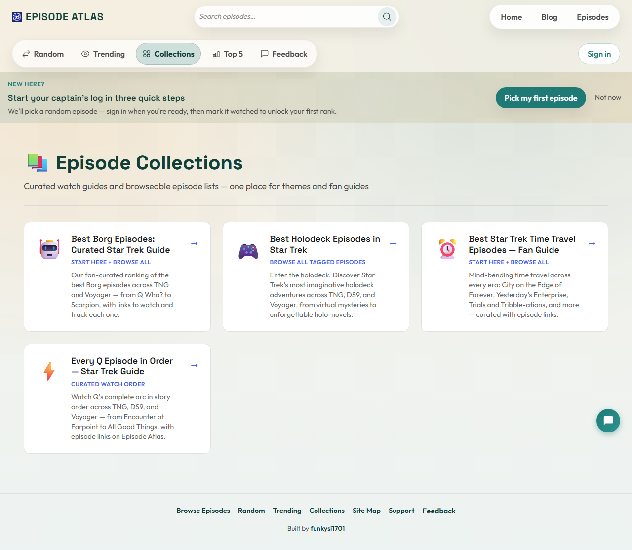Episode Collections index showing curated Star Trek watch guides for Borg, holodeck, time travel, and Q episodes