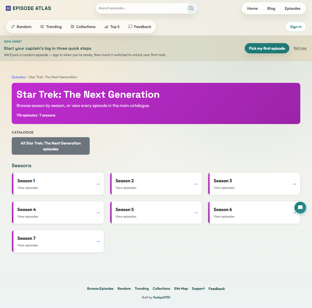 Star Trek The Next Generation series overview with season cards and episode count on Episode Atlas