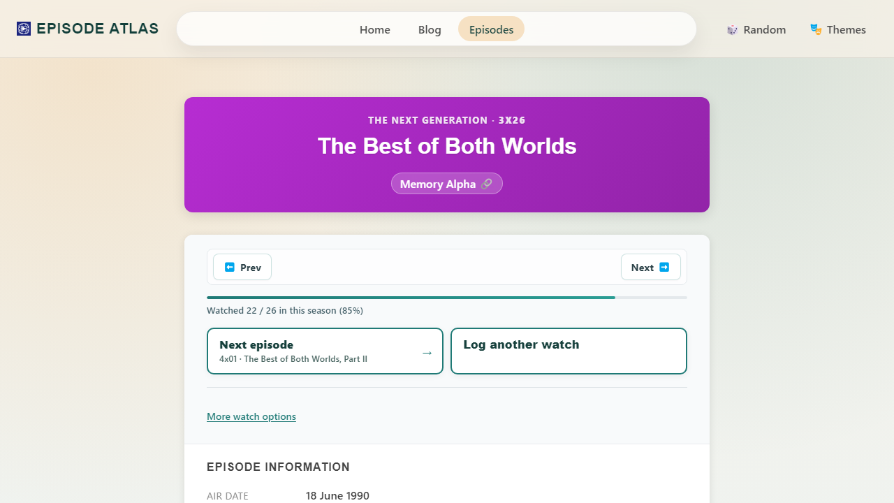 Episode detail page for The Best of Both Worlds showing previous and next navigation, season progress, next episode and watch actions, and watch history