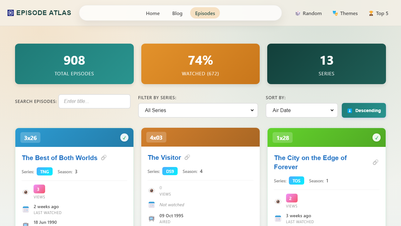 Episode Atlas episodes list showing stat cards, search controls, and episode cards for TNG, DS9, and TOS