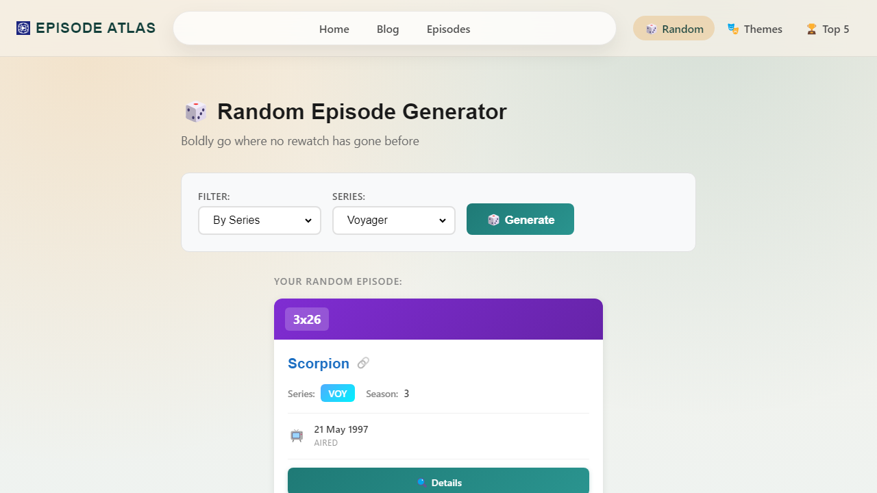 Episode Atlas random episode generator showing a Voyager Scorpion episode result