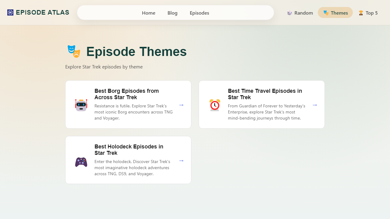 Episode Atlas themes page showing Borg, time travel, and holodeck episode collections